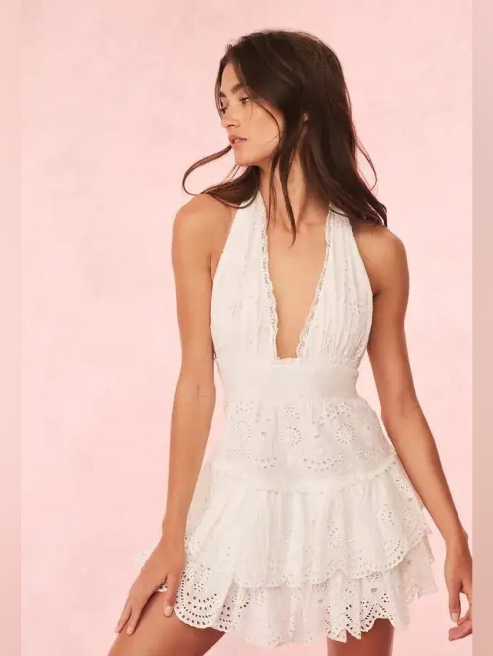 LoveShackFancy Janea Eyelet Lace Mini Halter Dress | Optic White - Size L